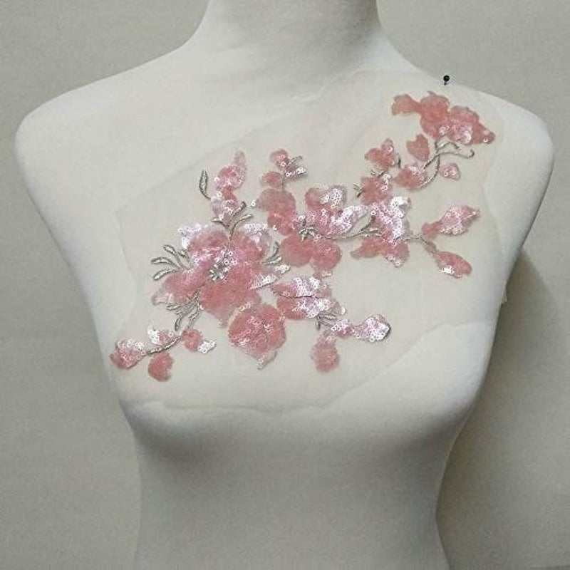 1Pcs Sequins Embroidery Lace Patch Flowers Applique Wedding Dresses DIY Clothing Catwalk, Stage Performance Clothing Decoration Decal. (Pink)